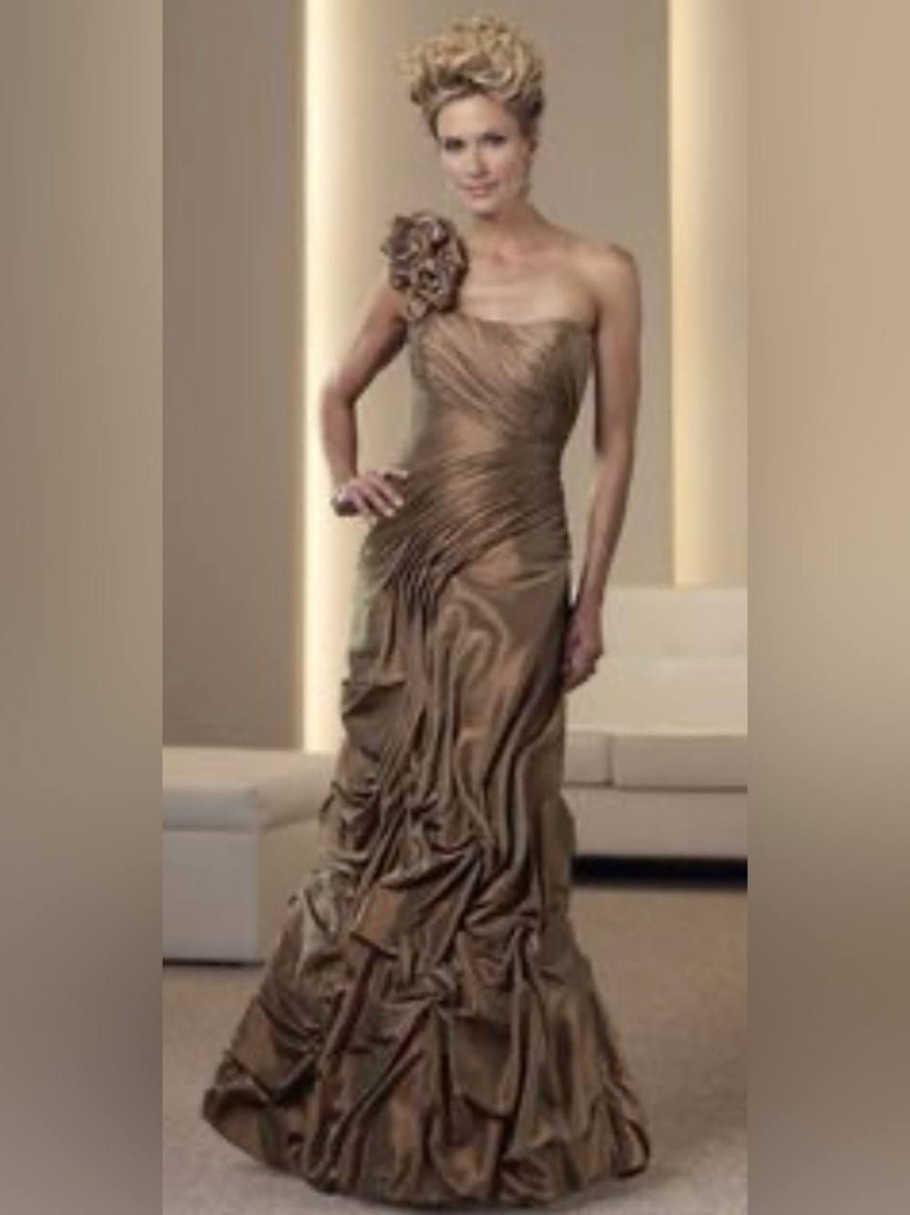 One-Shoulder Brown Evening Dress with Floral Accent